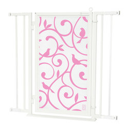Fusion Gates - Fusion Gate with Songbirds in Pink Design, White Pearl, 32"-36" - Baby Gates And Child Safety