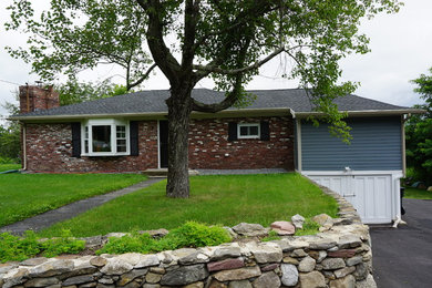 Example of a small classic blue one-story concrete fiberboard house exterior design in Boston with a hip roof and a shingle roof