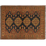 Bareens Designer Rugs - Southwestern Super Kazak Michel Blue/Tan Wool Rug - 4'8'' x 6'1'' - Embellish your home with this exquisitely hand-knotted Kazak Rug made with the finest hand spun wool and all vegetable dyes. Demonstrating incredible attention to detail, this hand-knotted masterpiece features an intricate Kazak pattern in a classic color palette. Made in the Caucasian designs from Russia and the northern Persian empire, each Kazak incorporates distinctive tribal flavor with elements such as the stepped hooted polygons, geometrical medallions, animals and rosettes. The straight, clean lines and bold tones embody the weaving style of the Armenian and Afghani weavers known for these iconic designs. This magnificent rug featuring soft luscious pile and is made with handspun wool and natural dyes to produces soft luminous shades causing a beautiful sheen. With geometric designs and bold vibrant saturated colors predominately blues, reds, greens, and gold make a bold statement in any decor. The construction technique used ensures that the designs and colors Ae capable to withstand heavy traffic area.
