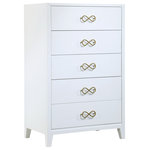 Meridian Furniture - Bowtie Chest, White - Bring unique elegance to your bedroom with this Bowtie pink/gold chest from Meridian Furniture. This chest features five drawers, providing you with plenty of storage space for clothes, linens, or miscellaneous objects. Its white color adds a touch of brightness to your living space, and its brushed gold bow tie handles complement your existing decor. Its flat top is perfect for placing a lamp, framed picture, books, bric-a-brac, and more.