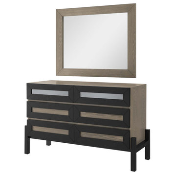 Dresser Drawer Chest Mirror Set, Brown Oak, Wood, Modern, Mid Century Guest