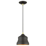 Livex Lighting - Endicott 1-Light Bronze Mini Bell Pendant, Gold Inside - The clean and crisp Endicott bell pendant makes a design statement with the smooth curve of its bronze finish shade. A gleaming shiny white finish on the interior of the metal shade brings a refined touch of style. Antique brass finish accents complete the look.