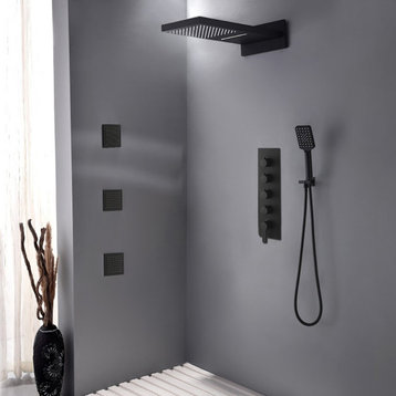 Wall Mounted Waterfall Rain Shower System with 3 Body Sprays in Matte Black, Thermostatic Shower Valve