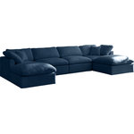 Meridian Furniture - Plush Velvet / Down Standard Comfort 6-Piece U-Shaped Modular Sectional, Navy - No matter how big or little the size of your gang, they can all find their sweet spot when you choose pieces from the Plush collection to build your ideal seating group. Choose this six-piece set or pair multiple pieces together to get the custom look everyone will love. The soft navy velvet material is soft and welcoming to the touch, and the set's cushions are overstuffed with a down and feather blend to provide ample support for tired bodies.