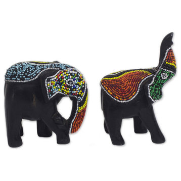 NOVICA Eco Elephants And Recycled Glass Beaded Wood Figurines  (Pair)