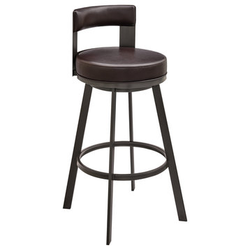 Lynof Swivel Bar Stool in Brown Metal with Brown Faux Leather