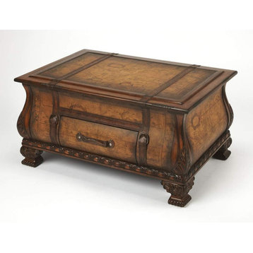 Vintage Coffee Table, Trunk Design With Ornamental Accents & Drawer, Light Brown