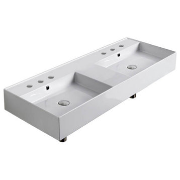 Double Rectangular Ceramic Wall Mounted or Vessel Sink, Six Hole