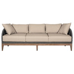 Armen Living - Orbit Outdoor Patio Sofa Wood With Gray Rope/Taupe Olefin Cushions - Meet the Orbit Outdoor Patio Sofa  a harmonious blend of modern design and natural beauty, meticulously crafted to redefine your outdoor lounging experience. This outdoor sofa effortlessly combines the organic charm of weathered Eucalyptus wood with the contemporary appeal of gray rope accents and Olefin cushions, creating a striking piece of outdoor furniture that seamlessly blends aesthetics with durability. The weathered Eucalyptus wood frame of the Orbit Outdoor Patio Sofa introduces a touch of rustic elegance to your patio, infusing your outdoor space with character and warmth. Each knot and grain tells a story, creating an atmosphere of timeless charm that complements various outdoor settings. Designed to endure the elements, this sofa boasts water-resistant and UV-resistant properties, ensuring it remains resilient and stylish in the face of changing weather conditions. Whether bathed in sunlight or facing unexpected rain, the Orbit Sofa stands as a steadfast symbol of modern outdoor luxury. The gray rope accents add a contemporary flair to the design, creating a visually appealing contrast with the weathered Eucalyptus wood. Paired with plush Olefin cushions in a neutral tone, the Orbit Sofa offers a perfect fusion of comfort and style. The water-resistant capabilities and easily removable cushion covers make maintenance effortless, allowing you to enjoy the Orbit Outdoor Patio Sofa with ease. Elevate your outdoor aesthetic with the Orbit Outdoor Patio Sofa in Weathered Eucalyptus Wood and Taupe Upholstery.