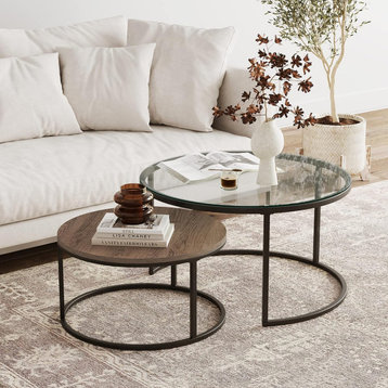 2 Pack Nest Coffee Table, Iron Base & Round Top, Rustic Oak/Gunmetal/Clear Glass
