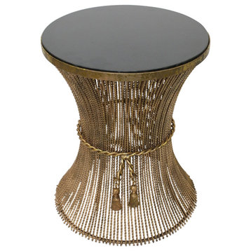 Luxe Swag and Tassel Gold Iron Accent Table Twisted Rope Round Black Granite Top