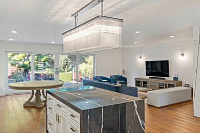 Inspiration for an expansive contemporary l-shaped open plan kitchen in San Francisco with flat-panel cabinets, onyx benchtops, medium hardwood floors, with island and black benchtop.