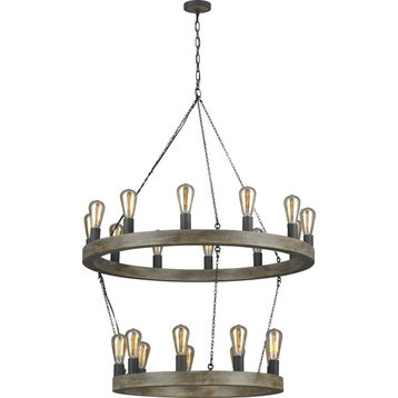 Avenir Two Tier Chandelier Weathered Oak Wood, Antique Forged Iron