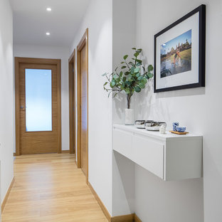 Imagen de hall bohemio, pequeño, con paredes blancas, suelo de madera clara, puerta simple, puerta de madera clara y suelo marrón