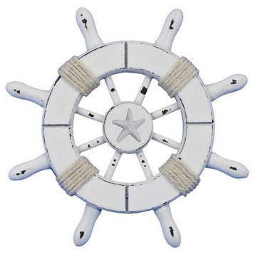 Rustic All White Decorative Ship Wheel With Starfish 6'', Boat Steering Wheel