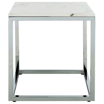Rocky Square End Table, White Marble/Chrome