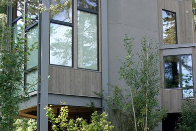 Large gray two-story flat roof idea in Sacramento