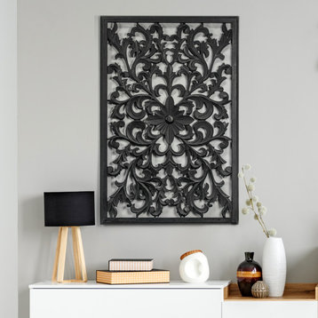 Hand-Carved Floral Wood Medallion Wall Art, Black, 36"x24"