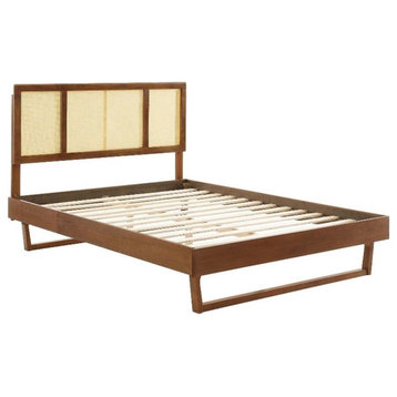 Modway Kelsea Cane Rattan and Wood King Platform Bed with Angular Legs in Walnut