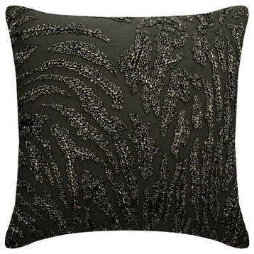 Decorative 16"x16" Beaded Charcoal Gray Linen Pillow Cover