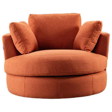 Swiveling Accent Chair, Barrel Design With Velvet Upholstery & 3 Pillows, Orange