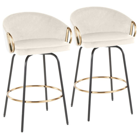 Claire 26" Counter Stool, Set of 2, Black Metal, Cream Velvet, Gold Metal