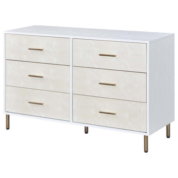 6 Drawers Wooden Dresser, White, Champagne and Gold Finish