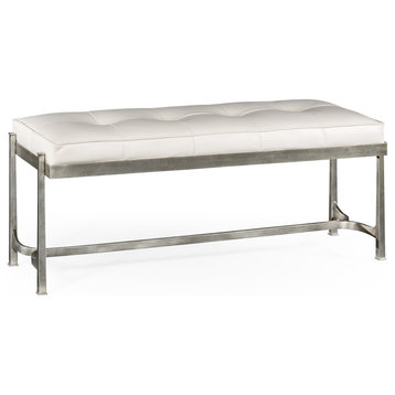 Silver Iron And White Leather Bench