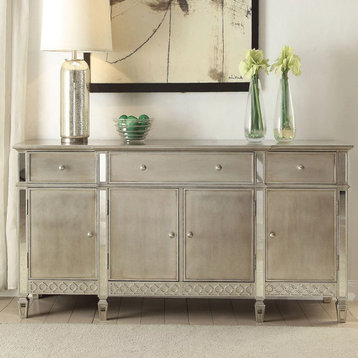 Contemporary Sideboard, Rubberwood Frame With Beveled Glass Accents, Champagne