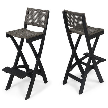 Constance Outdoor Folding Acacia Wood Barstools, Set of 2, Dark Gray/Brown