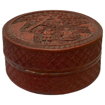 Vintage Chinese Red Resin Lacquer Round Carving Small Accent Box Hws3011