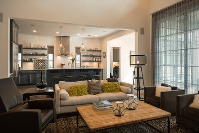 Inspiration for a large modern open concept concrete floor living room remodel in Dallas with beige walls, a ribbon fireplace, a tile fireplace and a wall-mounted tv