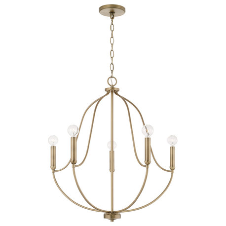 Madison Five Light Chandelier, Aged Brass