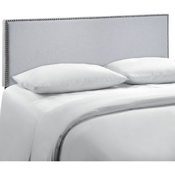 Modern Contemporary Queen Size Nailhead Upholstered Headboard, Gray Fabric