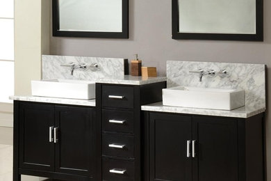 Mid-sized transitional bathroom photo in Chicago with furniture-like cabinets, black cabinets, a vessel sink and marble countertops