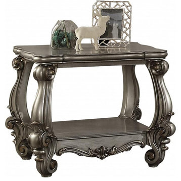 Classic Side Table, Scrolled Legs With Shelf & Scalloped Top, Antique Platinum