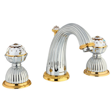 Artica Chrome Gold  widespread bathroom sink faucet with Swarovski. Luxury Taps
