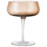 blomus - Belo Champagne Saucer Glasses, 7oz, Set of 2, Coffee - blomus BELO Champagne Saucer Glasses - 7 Ounce - Set of 2 are hand blown by experienced artisans which makes every item an exquisite piece of uniquely crafted pleasure. Coffee colored glass body is held high by a clear stem. Designed by Frederike Martens. 6.8 fluid ounces / 200ml. 5.5 in / 14 cm height x 4.3 in / 11 cm diameter. Body is colored, stem and base are clear. Rim is cut and polished. This item ships as a set of 2 champagne saucers. Mouth blown glass may create subtle variances such as flow lines, small bubbles, and minimally different material thicknesses which let the color elegantly vary from piece to piece and add to the beauty and uniqueness of each hand-crafted piece. Complete your BELO sets with white wine glasses, red wine glasses, champagne flutes, champagne saucers, tumblers, water carafe and wine decanter.  Dishwasher safe.