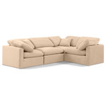 Meridian Furniture - Indulge Upholstered Modular L-Shaped Sectional, Beige, 4-Piece: 1 Armless Chair, 3 Corner Chair, Down Stuffed Velvet - Unwind in tranquil elegance with the Indulge Velvet Sectional. Imagine sinking into the plush embrace of this lush sectional, crafted from rich, textured beige velvet that feels soft and inviting against your skin. Overstuffed down feather cushions cradle you in cloud-like comfort, while the solid wood frame provides unwavering support. This modular masterpiece isn't just furniture - it's a blank canvas for creating your dream living space. Arrange the versatile pieces in countless configurations, from a sprawling entertainment zone for movie nights to intimate reading nooks for quiet moments. Indulge in the ultimate comfort, endless possibilities, and timeless elegance.