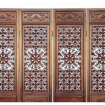 Chinese Brown Stain Geometric Flower Pattern Wood Panel Floor Screen Hcs5894