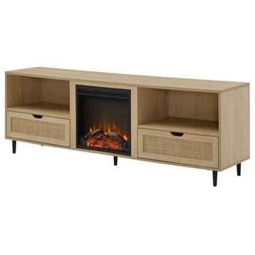 Bohemian TV Stand, Fireplace and 2 Doors With Natural Rattan Front, Coastal Oak