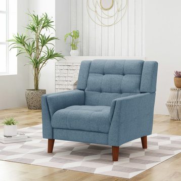 GDF Studio Evelyn Mid Century Modern Fabric Arm Chair, Blue/Walnut