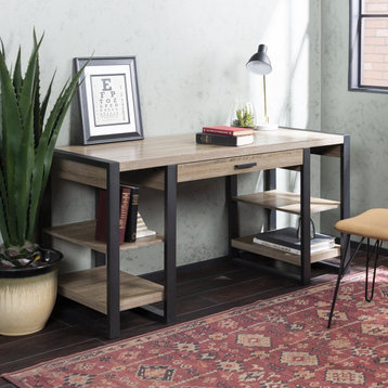 Modern Desk, Drawer With Side Open Shelves With Charging Station, Driftwood