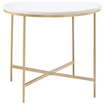 Modern End Table, Golden Metal Base With Crossed Accent & White Marble Top
