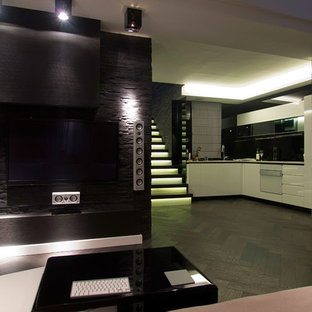 Design ideas for a medium sized modern basement in Portland with black walls, dark hardwood flooring, no fireplace and brown floors.