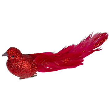 7" Red Glittered Bird With Feathers Christmas Clip On Ornament
