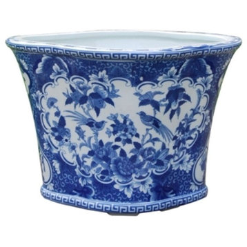 Blue/White, Bird and Floral Motif Porcelain Oval Pot 12" Wide