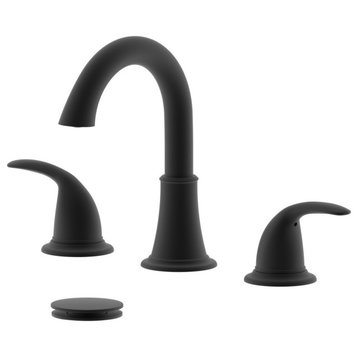 Karmel Double Handle Matte Black Widespread Faucet, Drain Assembly With Overflow