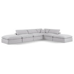 Meridian Furniture - Comfy Upholstered L-Shaped Modular Sectional, White, 6-Piece: 3 Armless Chair, 1 Corner Chair, 2 Ottoman, Linen Textured Fabric - Give your space a whole new look with this white Comfy linen textured fabric sectional. This handsome sectional fits nicely with other items in the Comfy collection and is a versatile seating option designed for adaptability, comfort and style. Wrapped in rich white durable linen textured fabric upholstery, this sectional offers a plush embrace of overstuffed down feather cushions, carefully crafted to deliver the highest level of comfort. The perfect seat for creating an oasis for relaxation, this sectional has thick foam surrounding its frame for added support and coziness.