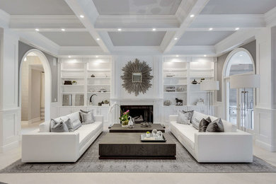 Small transitional formal and open concept concrete floor and beige floor living room photo in Miami with gray walls, a standard fireplace, a tile fireplace and no tv
